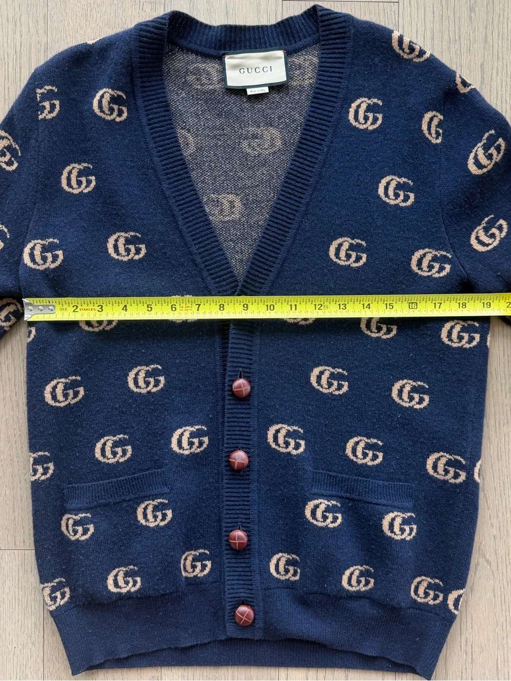 Gucci Navy and Beige 100% Wool GG Logo Cardigan